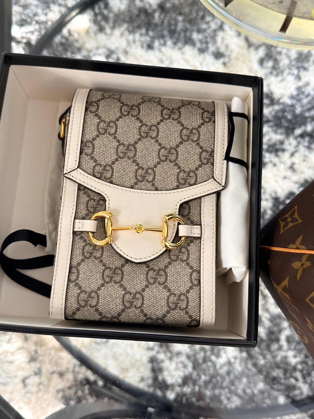 Gucci Beige Monogram Crossbody with White Trim and Gold Horsebit - Picture 3 of 16